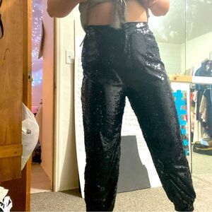 Black Sequin Jogger Dress Pants Large 8-10 Used with Wear Sparkle Glitter Lined